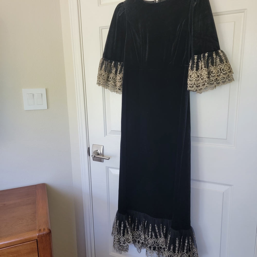 Pomander Place Tuckernuck Black Velvet Maxi Dress with Gold Lace Trim